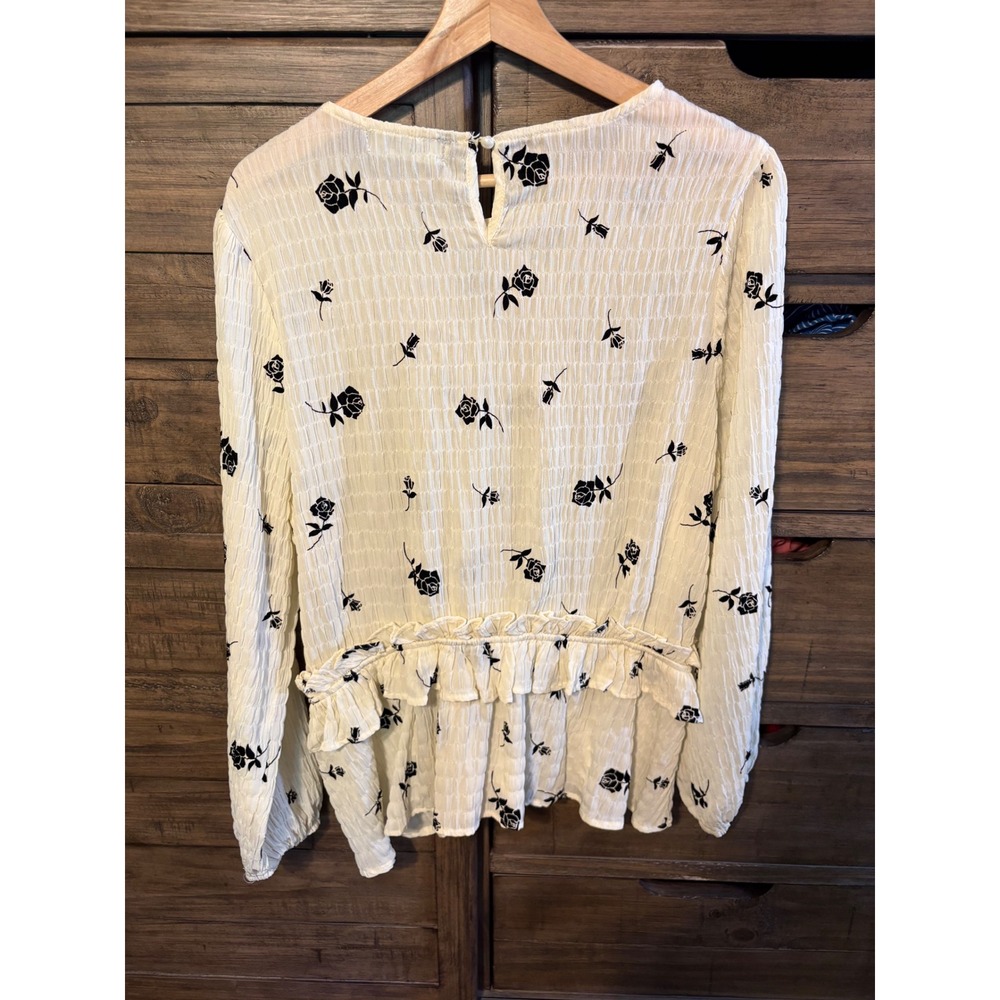 Fab'rik Floral Peplum Blouse Cream Black Rose Print Long Sleeve Top T3080 Medium - Picture 6 of 6